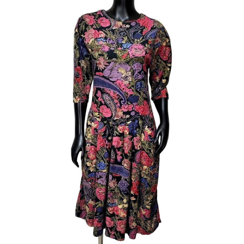 S. Roberts Vintage 90s Floral Paisley Midi Dress Pink‎ Purple Rayon Button Back